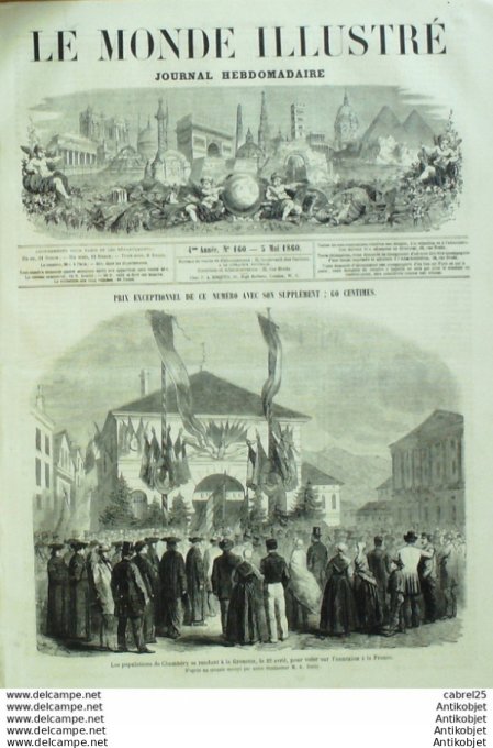 Le Monde illustré 1860 n°160 Chambery (73) Toulouse (31) Italie Naples Guadeloupe