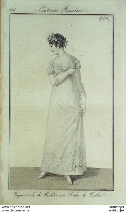 Gravure de mode Costume Parisien 1811 n°1166 Robe de tulle