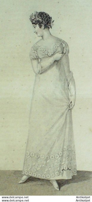 Gravure de mode Costume Parisien 1811 n°1166 Robe de tulle