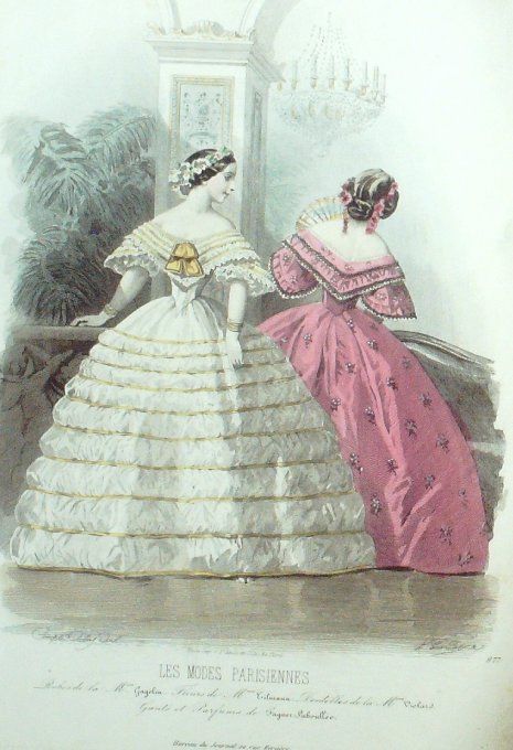 Gravure Les Modes Parisiennes 1859 # 877 Robes de bal Organdi Maison Gagelin