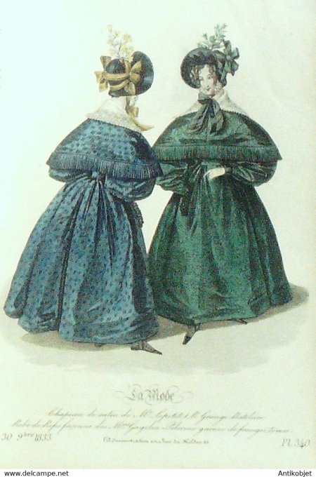 Gravure La mode 1833 n°340 Batelière robe de reps façonné