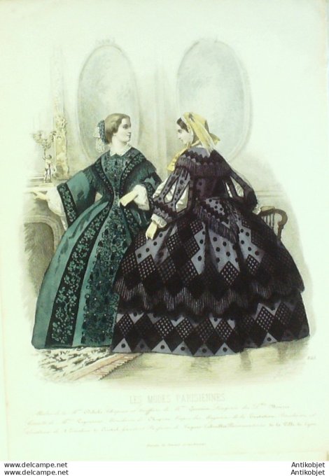 Gravure Les Modes Parisiennes 1858 # 825 Robes de deuil Maison Delille