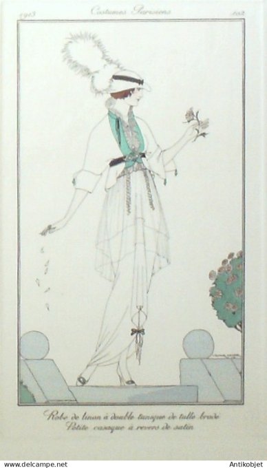 Gravure de mode Costume Parisien 1913 pl.102 LHUER Victor-Robe de linon