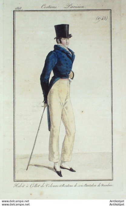 Gravure de mode Costume Parisien 1818 n°1743 Habit homme à collet de velours