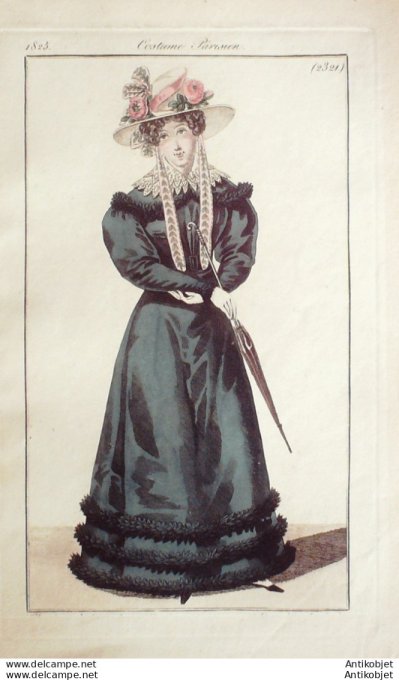 Gravure de mode Costume Parisien 1825 n°2321 Robe velours brodée