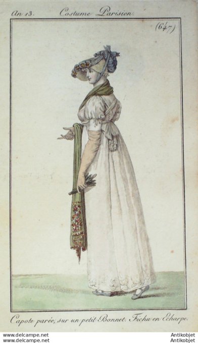 Gravure de mode Costume Parisien 1805 n° 647 (An 13) Fichu en écharpe  capote parée