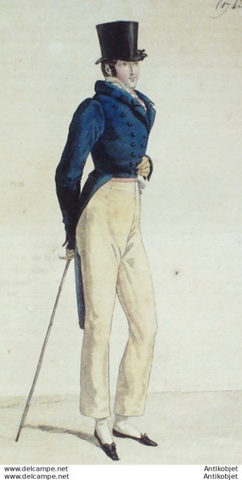 Gravure de mode Costume Parisien 1818 n°1743 Habit homme à collet de velours