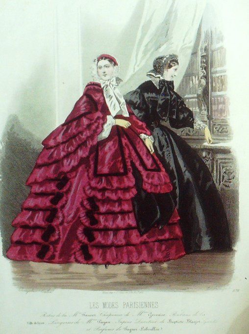Gravure Les Modes Parisiennes 1859 # 878 Robes de sorties Maison Fauvet