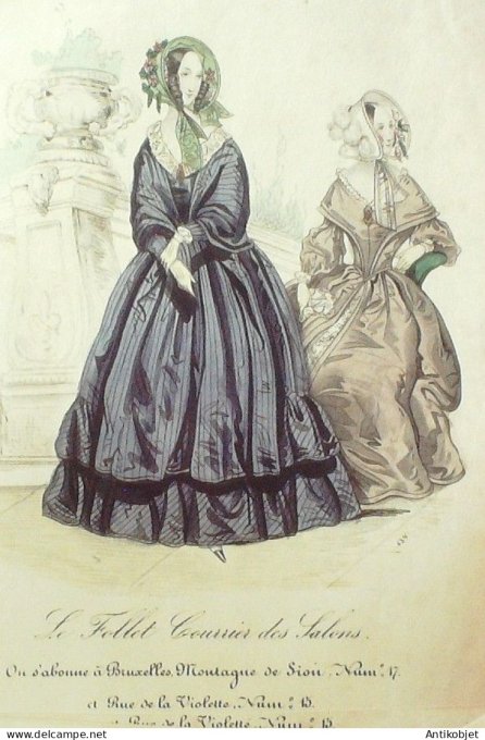 Gravure Mode Le Follet 1839 # 439 (aquarelle Old Fashion plate)