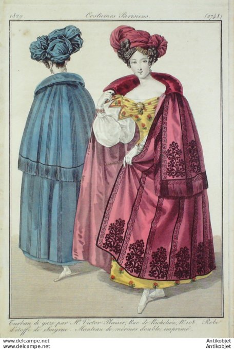 Gravure de mode Costume Parisien 1829 n°2748 Robe d'étoffe de Smyrne Manteau