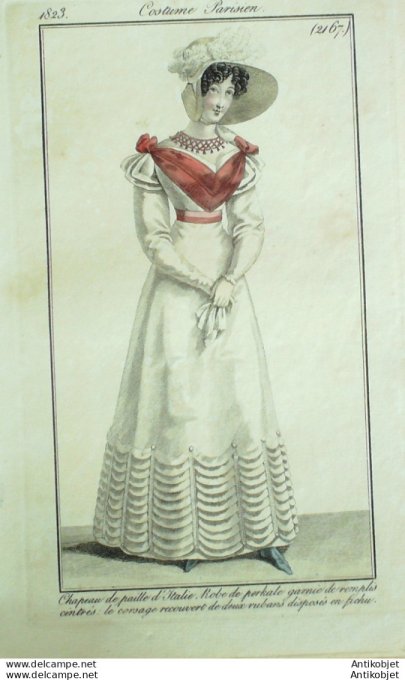 Gravure de mode Costume Parisien 1823 n°2167 Robe perkale garnie de remplis