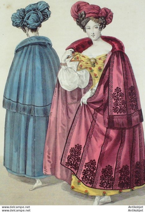 Gravure de mode Costume Parisien 1829 n°2748 Robe d'étoffe de Smyrne Manteau