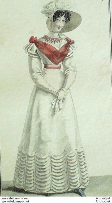 Gravure de mode Costume Parisien 1823 n°2167 Robe perkale garnie de remplis