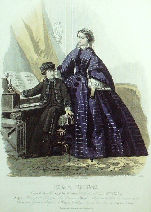 Gravure Les Modes Parisiennes 1859 # 879 Robes de velours Maison Fauvet