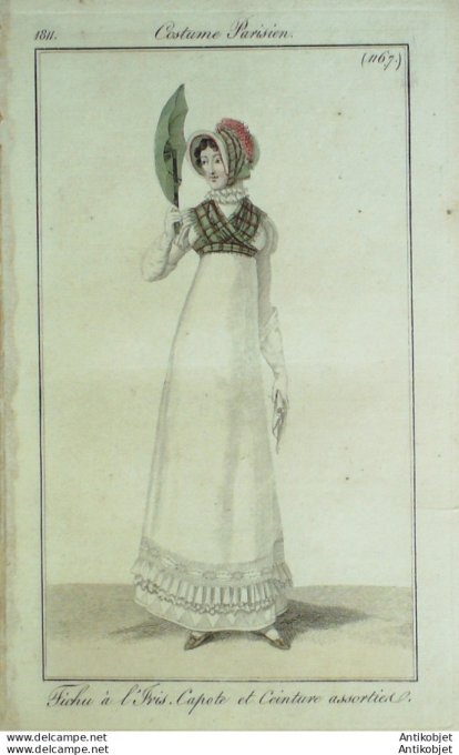 Gravure de mode Costume Parisien 1811 n°1167 Fichu à l'Iris Capote