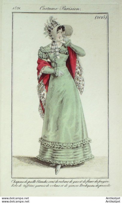 Gravure de mode Costume Parisien 1821 n°2015 Robe de tafeftas et gances