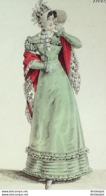 Gravure de mode Costume Parisien 1821 n°2015 Robe de tafeftas et gances