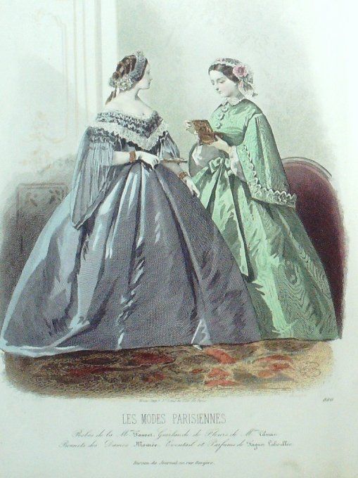 Gravure Les Modes Parisiennes 1860 # 880 Robes gros de Turin Maison Fauvet