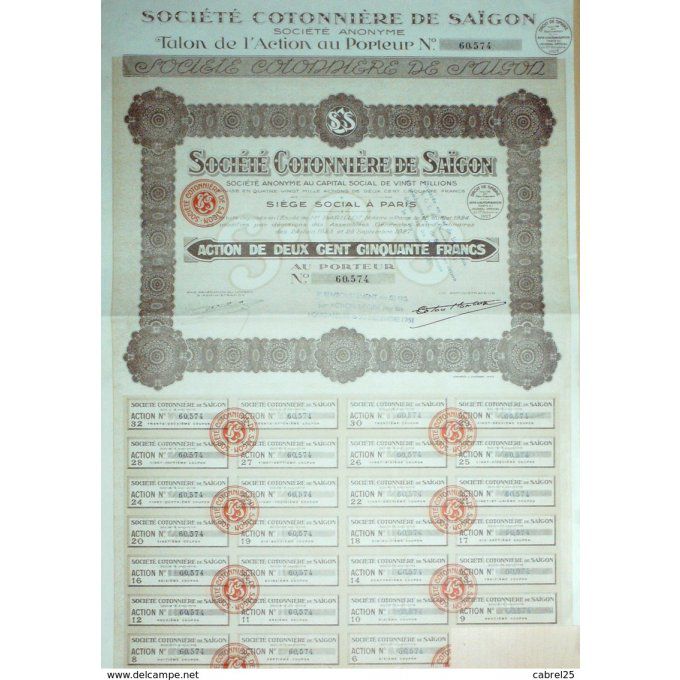 SOCIETE COTONNIERE de SAIGON-CHINE-ACTION-250 FR-1951