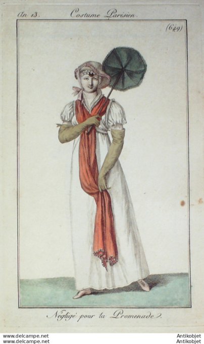 Gravure de mode Costume Parisien 1805 n° 649 (An 13) Négligé de pmromenade
