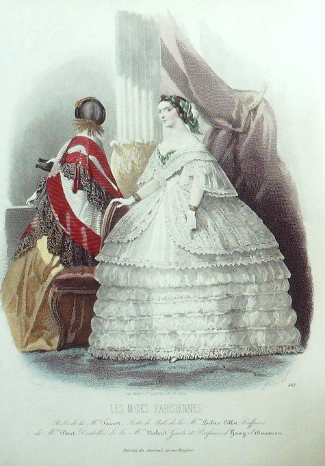 Gravure Les Modes Parisiennes 1860 # 881 Robes de cérémonie Maison Fauvet