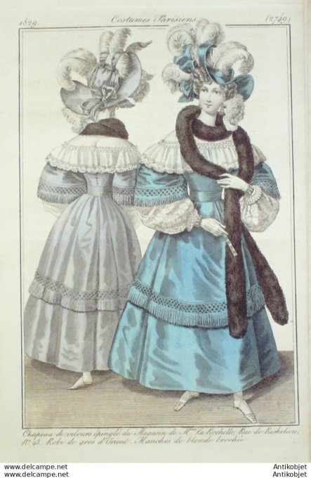 Gravure de mode Costume Parisien 1829 n°2749 Robe gros d'Orient