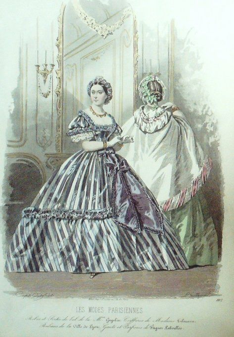 Gravure Les Modes Parisiennes 1860 # 882 Robes de bal Maison Gagelin
