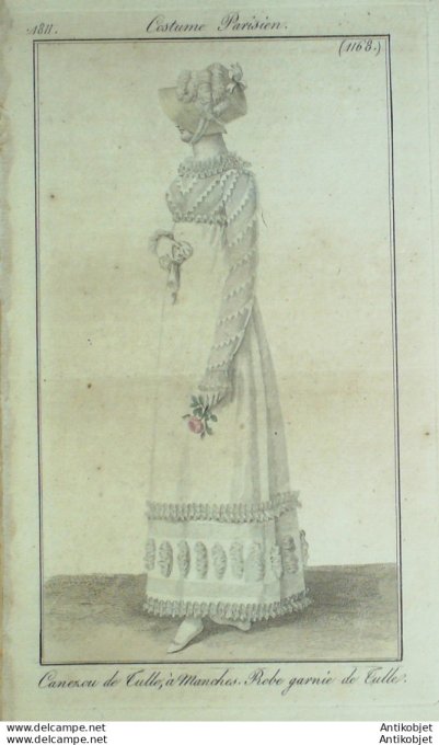 Gravure de mode Costume Parisien 1811 n°1168 Canezou de tulle à manches