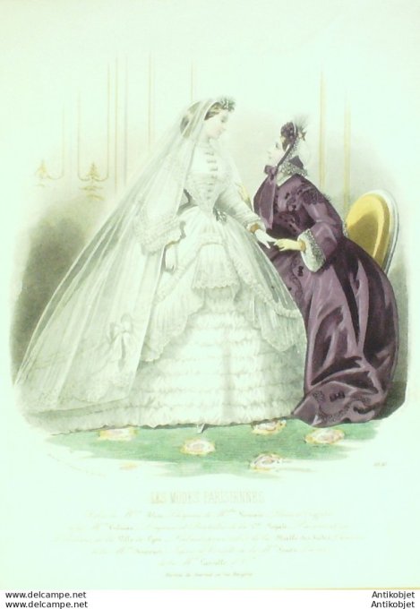 Gravure Les Modes Parisiennes 1863 #1050 Robe de Mariée Maison Blum