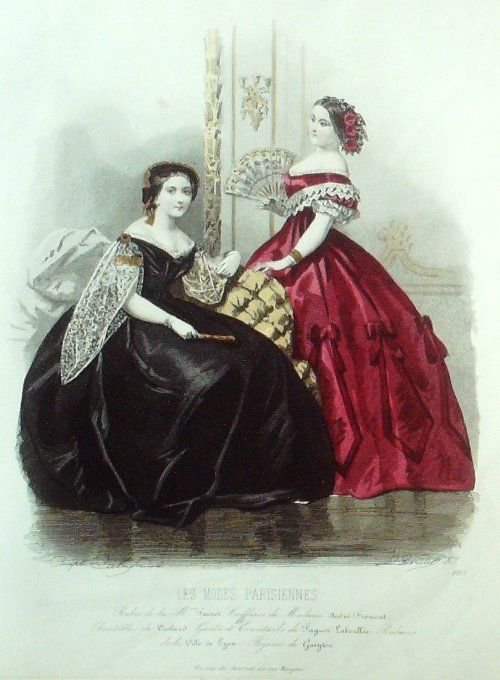 Gravure Les Modes Parisiennes 1860 # 883 Robes de soirées Maison Fauvet