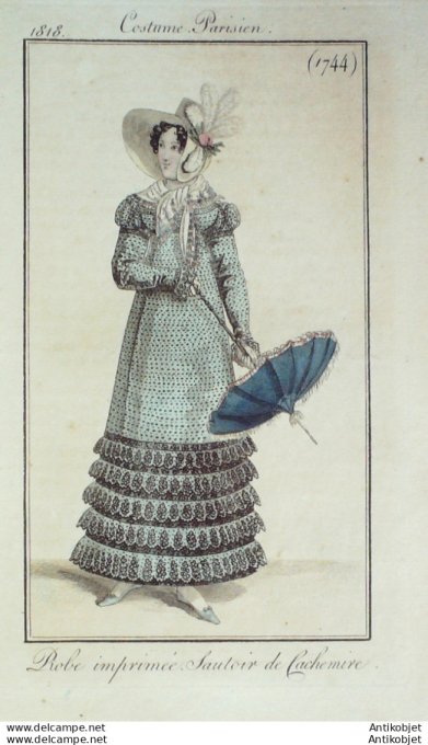Gravure de mode Costume Parisien 1818 n°1744 Robe imprimée  sautoir de cachemire