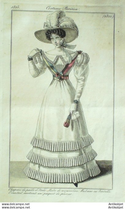 Gravure de mode Costume Parisien 1825 n°2322 Robe mousseline rubans en bretelle