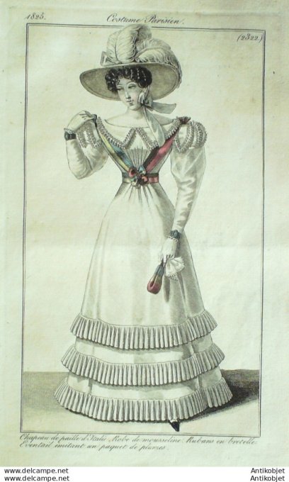 Costume Parisien 1825 # 2322 Robe mousseline rubans en bretelle