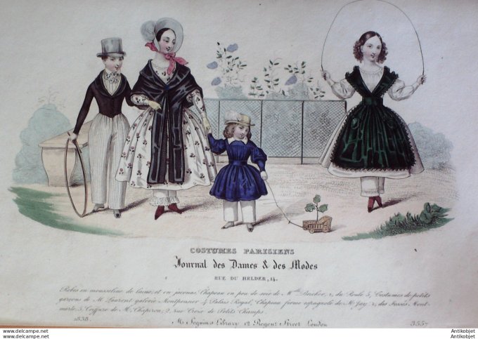 Gravure de mode Costume Parisien 1838 n°3557 Robes mousseline laine & jaconas