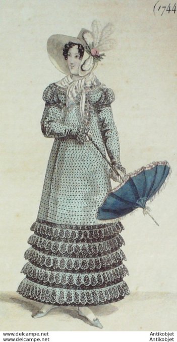 Gravure de mode Costume Parisien 1818 n°1744 Robe imprimée  sautoir de cachemire