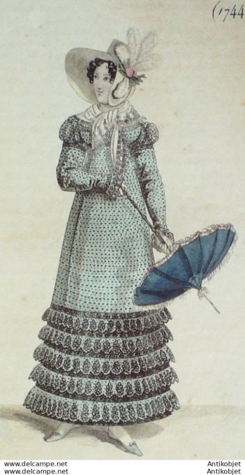 Costume Parisien 1818 # 1744 Robe imprimée  sautoir de cachemire