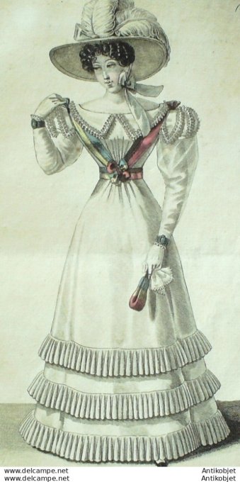 Gravure de mode Costume Parisien 1825 n°2322 Robe mousseline rubans en bretelle