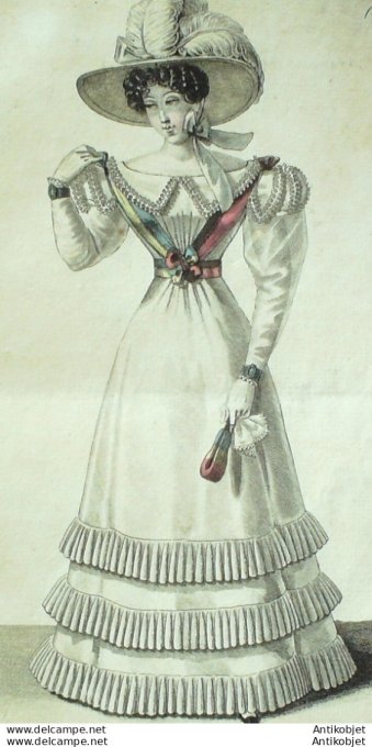 Costume Parisien 1825 # 2322 Robe mousseline rubans en bretelle