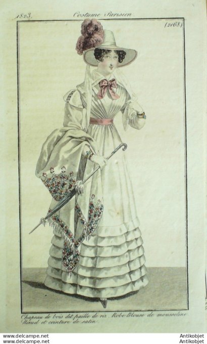 Gravure de mode Costume Parisien 1823 n°2168  Robe blouse de mousseline