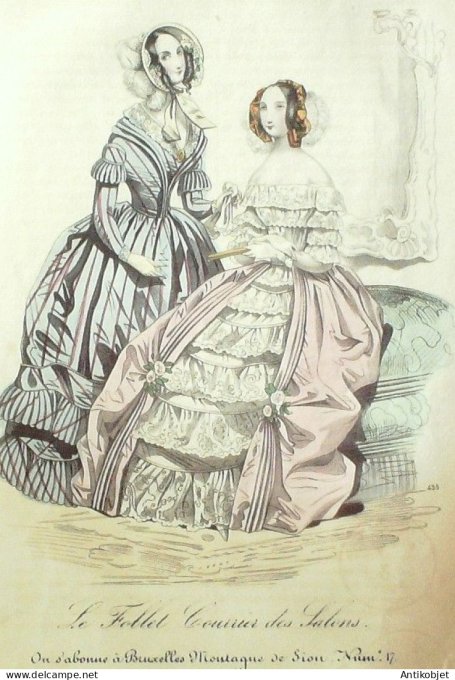 Gravure Mode Le Follet 1838 # 435 (aquarelle Old Fashion plate)