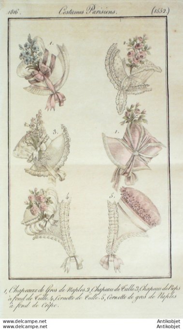 Costume Parisien 1816 # 1552 Cornettes Chapeaux gros de Naples