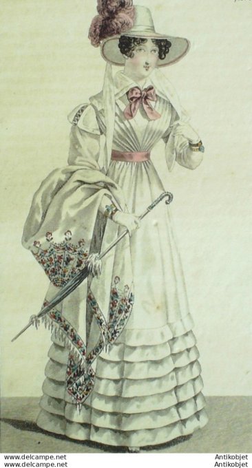 Gravure de mode Costume Parisien 1823 n°2168  Robe blouse de mousseline