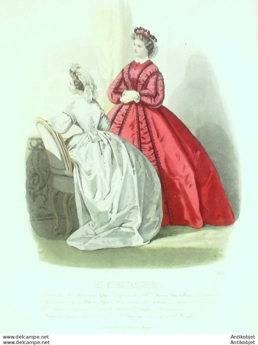 Gravure Les Modes Parisiennes 1863 #1051 Robes satin Maison Ghys