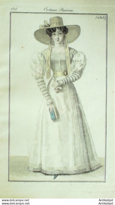 Gravure de mode Costume Parisien 1825 n°2323 Redingotte de mousseline à corsage