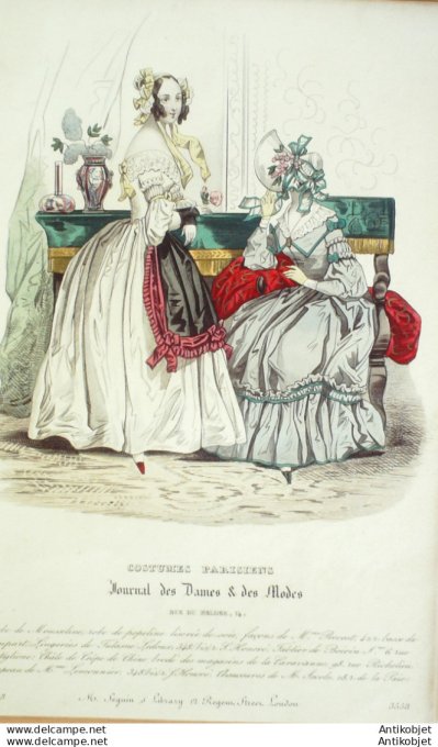 Gravure de mode Costume Parisien 1838 n°3558 Robes mousseline & popeline