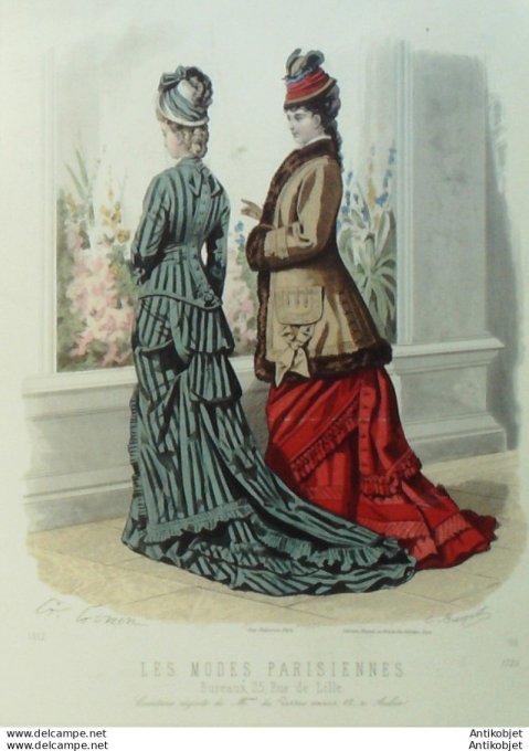 Gravure Les Modes Parisiennes 1877 #1725 Manteau velours robe satin Maison Vertus