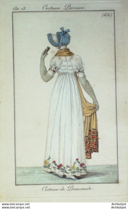 Gravure de mode Costume Parisien 1805 n° 651 (An 13) Costume de promenade