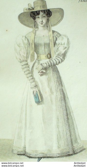 Gravure de mode Costume Parisien 1825 n°2323 Redingotte de mousseline à corsage