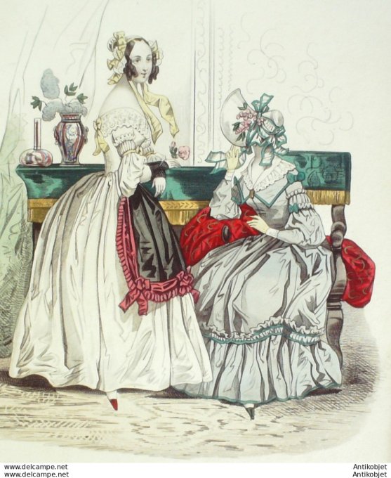 Gravure de mode Costume Parisien 1838 n°3558 Robes mousseline & popeline