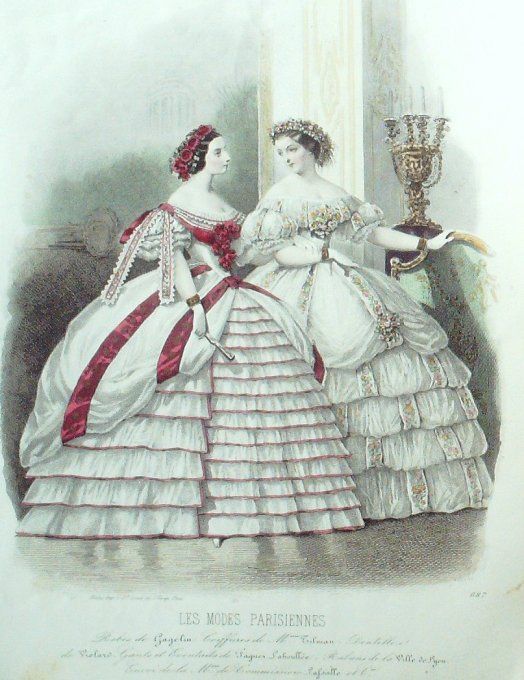 Gravure Les Modes Parisiennes 1860 # 887 Toilettes de cour Maison Gagelin